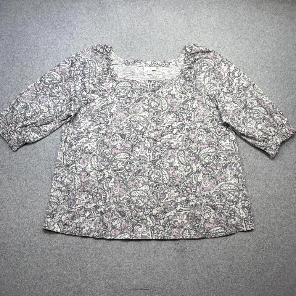 J Jill Shirt Womens XL Lavender Blue Gray Paisley 3/4 Sleeve Square Neck Top